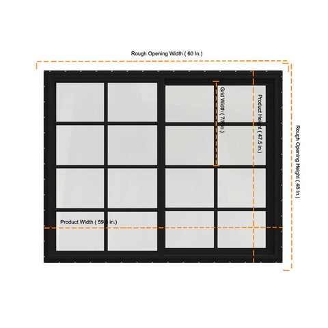 60x48 59.5x47.5 Black Vinyl Sliding Window With Colonial Grids Grilles