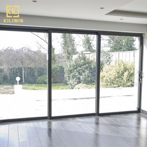 Aluminum windows and sliding doors living room patio 3 panel black color aluminium double temper low e glass sliding door on China WDMA