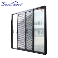 Black aluminium frame glass sliding doors with stainless steel security mesh on China WDMA