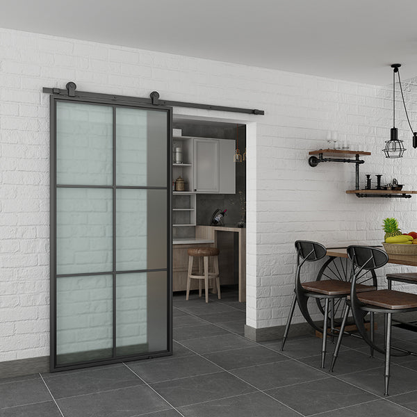 Frosted Glass Interior Door With Black Steel Frame, Steel insulated sliding barn door with hardware on China WDMA