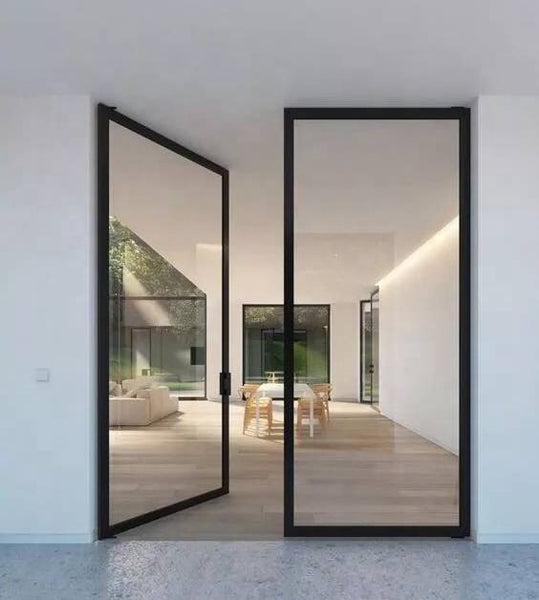 WDMA  Modern Designs Black White Grey Red Interior Carbon Steel Frame Tempered Glass Panel Swing Doors