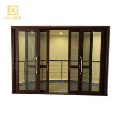 Large patio balcony wooden finish single tinted glass triple track aluminum sliding mosquito net door on China WDMA