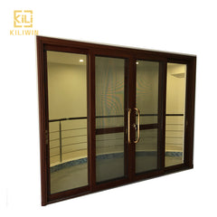 Large patio balcony wooden finish single tinted glass triple track aluminum sliding mosquito net door on China WDMA