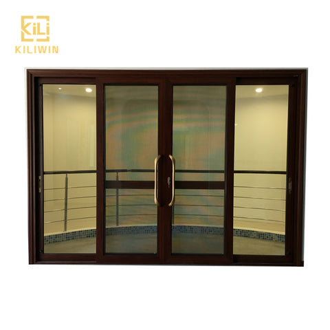 Large patio balcony wooden finish single tinted glass triple track aluminum sliding mosquito net door on China WDMA