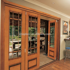 Lobby Entrance Door, Wood Patio Sliding French Folding Door With Clear Frosted Tempered Glass Panel on China WDMA