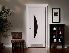 Lowes exterior wooden door French style white color with half moon glass design on China WDMA