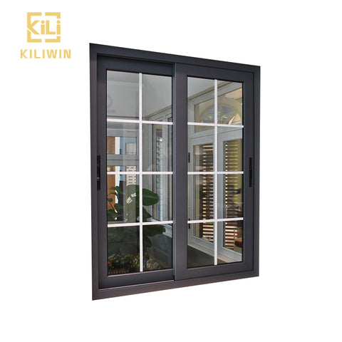 Modern designs wooden finish slim frame hollow glass aluminium sliding window with inside grill for kenya on China WDMA