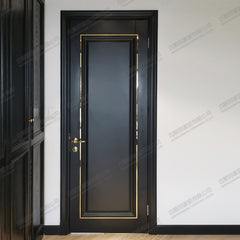 Simple Modern design Light Luxury Interior Solid Oak wooden door with metal strip/copper strip painted thin Frame on China WDMA