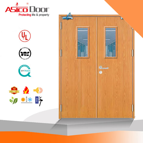 Solid Wooden Fire Rated Standard Size Hospital Door With Glass Window