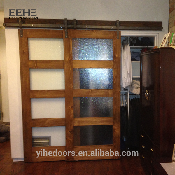 Soundproof interior sliding wood frame glass barn doors with glass inserts on China WDMA