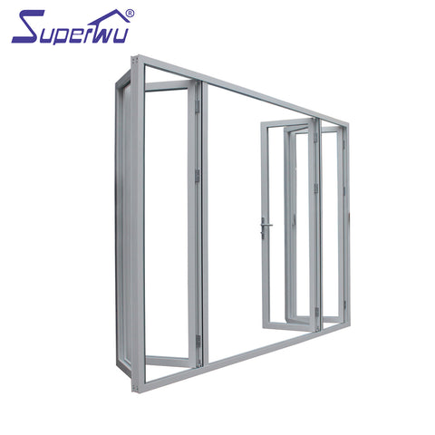 Soundproof thermal break wooden color Luxury Exterior Patio Lowes Glass Accordion Aluminium Bi-fold Doors on China WDMA