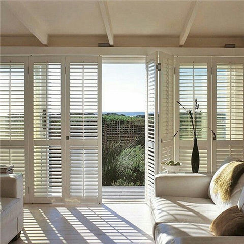 White wooden push rod bi fold plantation shutter doors interior on China WDMA