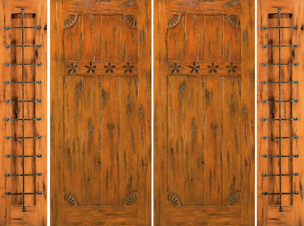 WDMA 100x80 Door (8ft4in by 6ft8in) Exterior Knotty Alder Front Prehung Double Door with Two Sidelights Carved 1