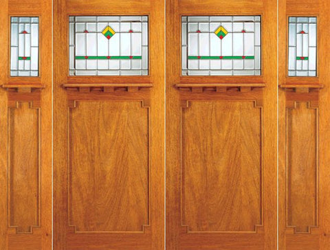 WDMA 108x84 Door (9ft by 7ft) Exterior Mahogany Double Doors 2-Sidelights Frank Lloyd Wright Glass Design 1