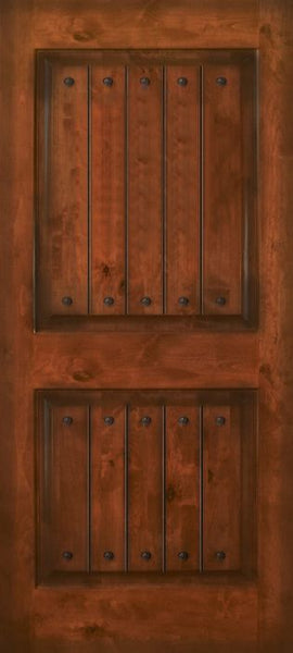 WDMA 42x80 Door (3ft6in by 6ft8in) Exterior Knotty Alder 42in x 80in 2 Panel Square V-Grooved Estancia Alder Door with Clavos 1