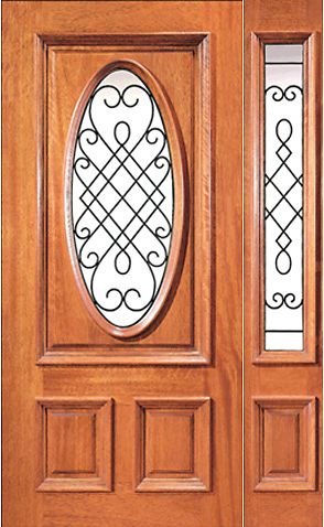 WDMA 44x80 Door (3ft8in by 6ft8in) Exterior Mahogany Oval Entry Door One Sidelight Decorative Ironwork 1