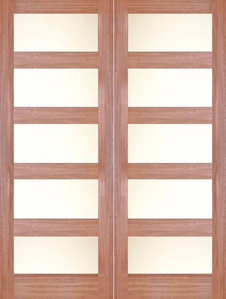 WDMA 48x80 Door (4ft by 6ft8in) Interior Barn Mahogany 4 Lite / 5 Lite Shaker Double Door w/ Matte Glass SH-20 1