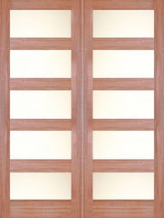 WDMA 48x80 Door (4ft by 6ft8in) Interior Barn Mahogany 4 Lite / 5 Lite Shaker Double Door w/ Matte Glass SH-20 1