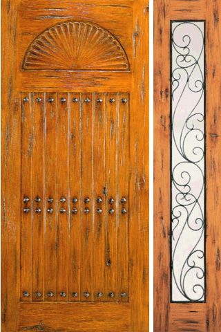 WDMA 54x80 Door (4ft6in by 6ft8in) Exterior Knotty Alder Prehung Door with One Sidelight Carved 1