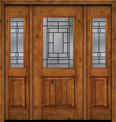 WDMA 54x80 Door (4ft6in by 6ft8in) Exterior Cherry Alder Rustic V-Grooved Panel 1/2 Lite Single Entry Door Sidelights Pembrook Glass 1