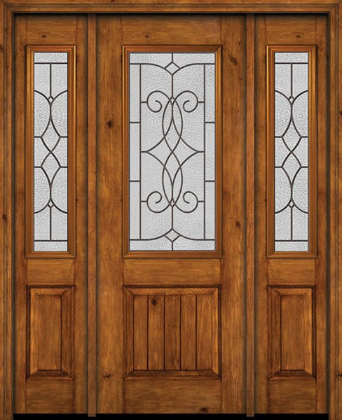 WDMA 54x96 Door (4ft6in by 8ft) Exterior Knotty Alder 96in Alder Rustic V-Grooved Panel 2/3 Lite Single Entry Door Sidelights Ashbury Glass 1