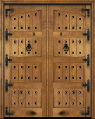 WDMA 56x96 Door (4ft8in by 8ft) Exterior Barn Mahogany Arch Top 4 Panel V-Grooved Plank Rustic-Old World or Interior Double Door with Corner Straps and Clavos 1