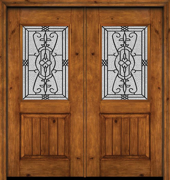 WDMA 60x80 Door (5ft by 6ft8in) Exterior Cherry Alder Rustic V-Grooved Panel 1/2 Lite Double Entry Door Jacinto Glass 1