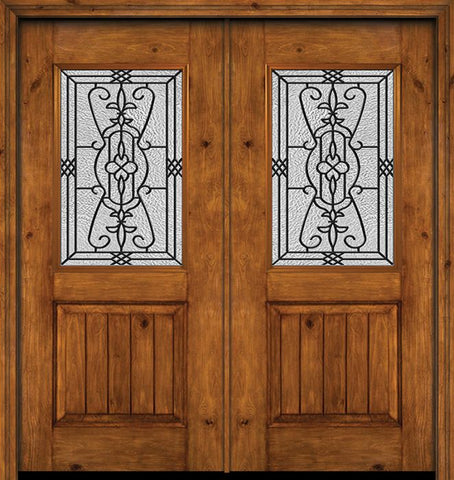 WDMA 60x80 Door (5ft by 6ft8in) Exterior Cherry Alder Rustic V-Grooved Panel 1/2 Lite Double Entry Door Jacinto Glass 1