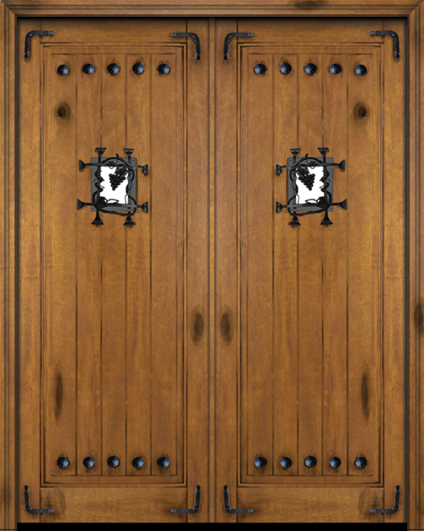 WDMA 60x80 Door (5ft by 6ft8in) Interior Swing Mahogany 1 Panel V-Grooved Plank Rustic-Old World Exterior or Double Door with Speakeasy Corner Straps and Clavos 1