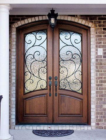 WDMA 60x80 Door (5ft by 6ft8in) Exterior Swing Mahogany 80in Aberdeen Double Door/Arch Top w Burlwood Iron 2