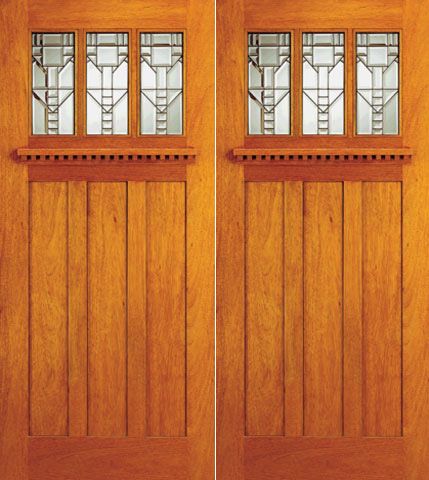 WDMA 60x84 Door (5ft by 7ft) Exterior Mahogany Mission Style Double Front Doors Three-Lite Glass 1