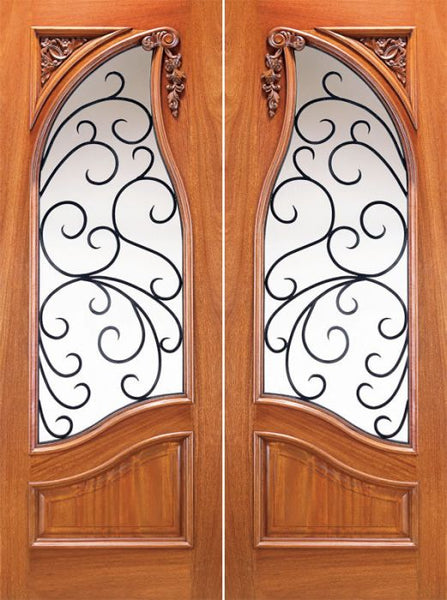 WDMA 60x96 Door (5ft by 8ft) Exterior Mahogany Carved Panel Solid Double Doors Forged Iron 1