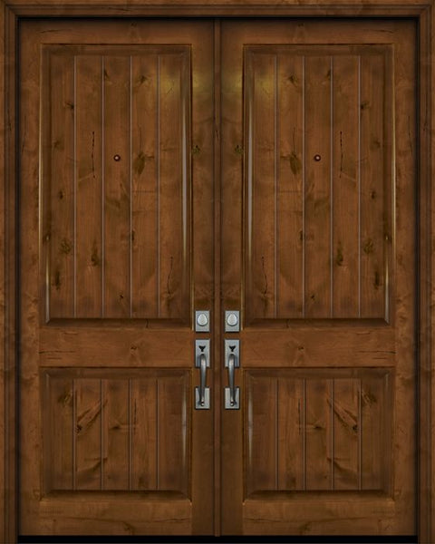 WDMA 64x96 Door (5ft4in by 8ft) Exterior Knotty Alder 96in Double 2 Panel V-Grooved Estancia Alder Door 1