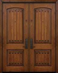 WDMA 64x96 Door (5ft4in by 8ft) Exterior Knotty Alder IMPACT | 96in Double 2 Panel Arch V-Groove Door with Clavos 1