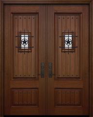 WDMA 64x96 Door (5ft4in by 8ft) Exterior Mahogany IMPACT | 96in Double 2 Panel Square V-Grooved Door with Speakeasy / Clavos 1