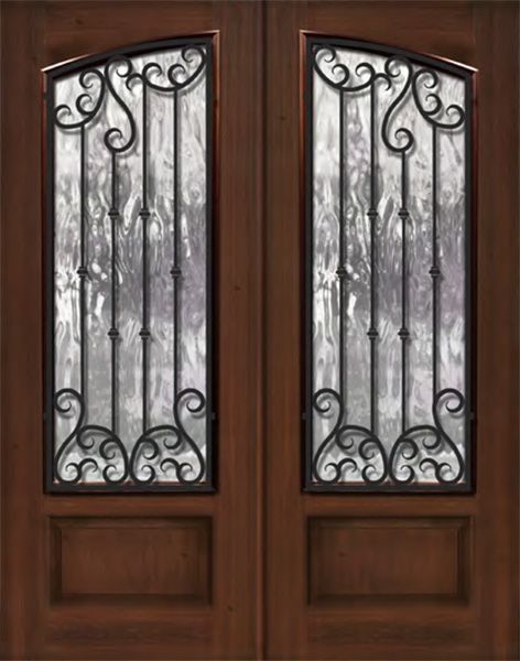 WDMA 64x96 Door (5ft4in by 8ft) Exterior Mahogany IMPACT | 96in Double Square Top Arch Lite Valencia Iron Cherry Knotty Alder Door 1