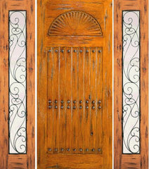 WDMA 66x80 Door (5ft6in by 6ft8in) Exterior Knotty Alder Prehung Door with Two Sidelights Carved 1