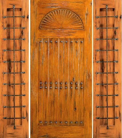 WDMA 66x80 Door (5ft6in by 6ft8in) Exterior Knotty Alder Prehung Door with Two Sidelights Carved 1