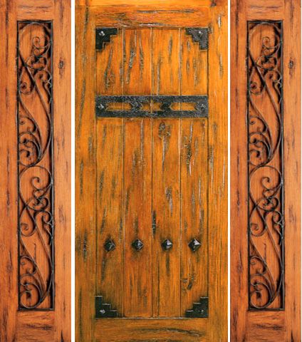 WDMA 66x80 Door (5ft6in by 6ft8in) Exterior Knotty Alder Prehung Door with Two Sidelights Clavos 1