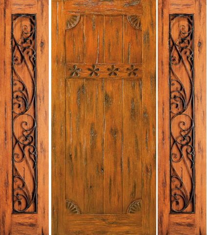 WDMA 66x80 Door (5ft6in by 6ft8in) Exterior Knotty Alder Prehung Door with Two Sidelights Carved 1