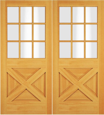 WDMA 68x78 Door (5ft8in by 6ft6in) Exterior Swing Cherry Wood 1/2 Lite 9 Lite Rustic Crossbuk Double Door 1