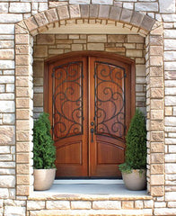 WDMA 68x78 Door (5ft8in by 6ft6in) Exterior Mahogany Aberdeen Solid Panel Double Door/Arch Top w Burlwood Iron 2