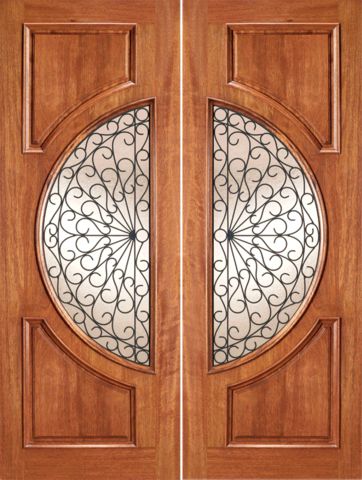 WDMA 72x96 Door (6ft by 8ft) Exterior Mahogany Circle Lite Double Door Scrollwork Ironwork Design 1