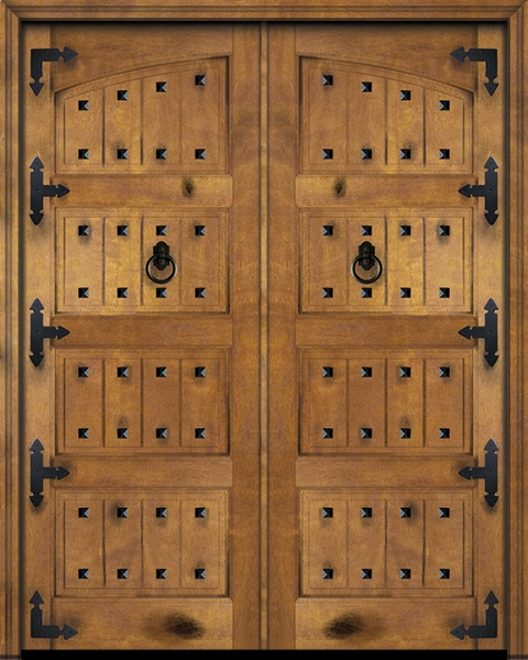 WDMA 72x96 Door (6ft by 8ft) Exterior Barn Mahogany Arch Top 4 Panel V-Grooved Plank Rustic-Old World or Interior Double Door with Corner Straps and Clavos 1