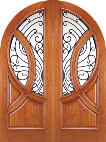 WDMA 72x96 Door (6ft by 8ft) Exterior Mahogany Round Top Solid Double Doors with Forged Iron 1