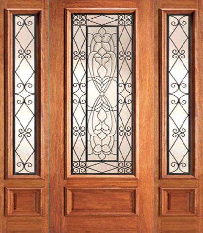 WDMA 78x80 Door (6ft6in by 6ft8in) Exterior Mahogany Scrollwork Iron Beveled Glass Door Two Sidelight 1