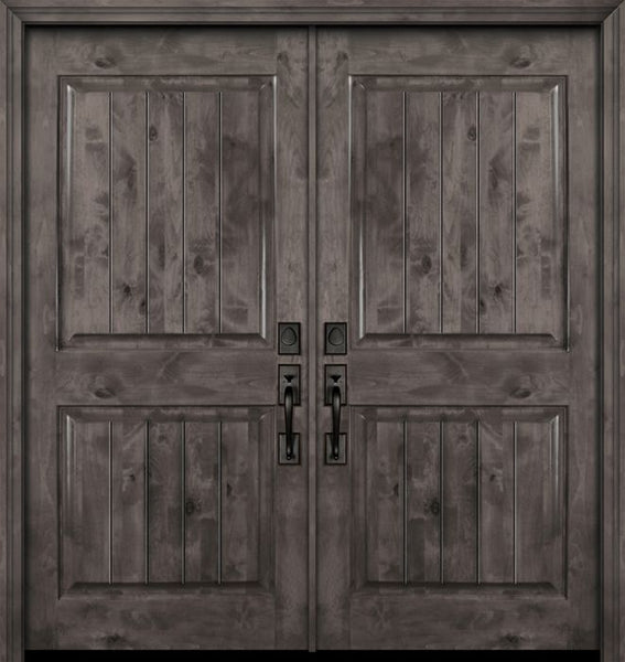 WDMA 84x80 Door (7ft by 6ft8in) Exterior Knotty Alder 42in x 80in Double 2 Panel Square V-Grooved Estancia Alder Door 1