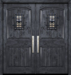 WDMA 84x80 Door (7ft by 6ft8in) Exterior Knotty Alder 42in x 80in Double Arch 2 Panel V-Grooved Estancia Alder Door with Speakeasy 1