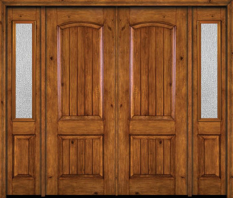 WDMA 84x96 Door (7ft by 8ft) Exterior Knotty Alder 96in Alder Rustic V-Grooved Panel Double Entry Door Sidelights Rain Glass 1