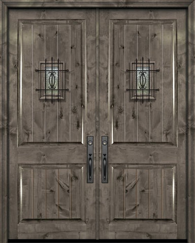 WDMA 84x96 Door (7ft by 8ft) Exterior Knotty Alder 42in x 96in Double 2 Panel V-Grooved Estancia Alder Door with Speakeasy 1